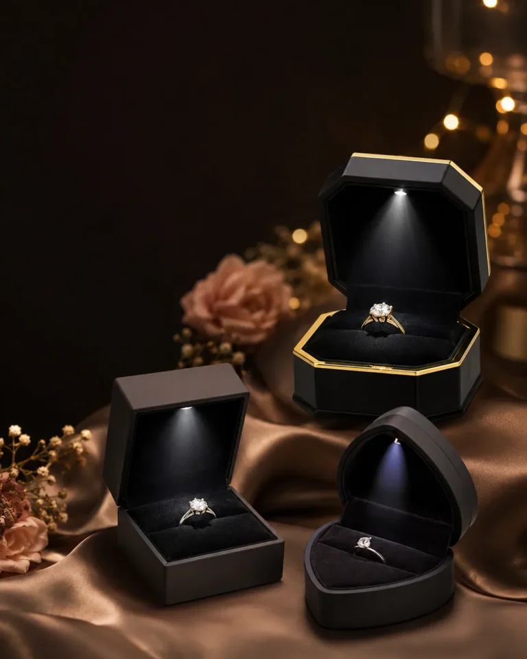 Drie luxe zwarte ringdoosjes met LED-verlichting