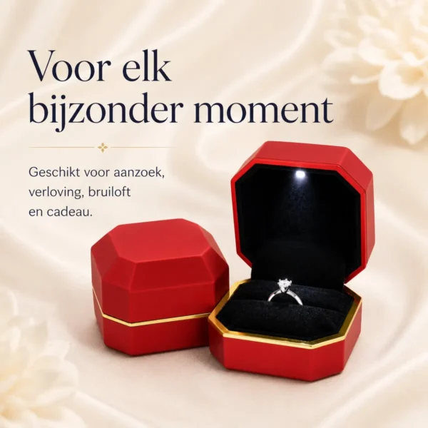 Ringdoosje met gouden rand en LED – Rood – extra productfoto Rood ringdoosje met gouden rand, geopend en gesloten