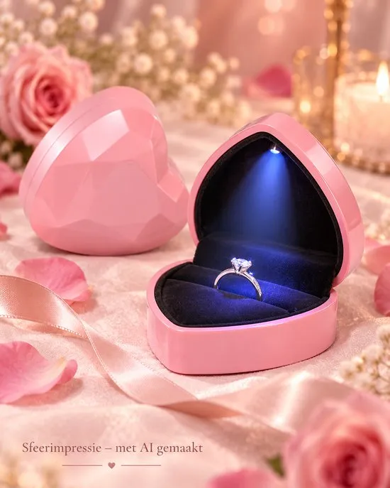 Roze hartvormig ringdoosje met ring, bloemen en LED-verlichting