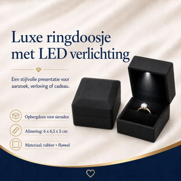 Zwart ringdoosje met LED-verlichting en luxe fluwelen interieur